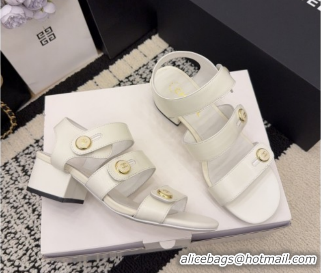 Top Grade Chanel Shiny Calfskin Leather Heel Sandals 4cm with Button Strap G46793 White 2026