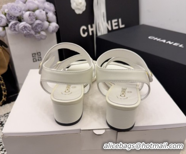 Top Grade Chanel Shiny Calfskin Leather Heel Sandals 4cm with Button Strap G46793 White 2026