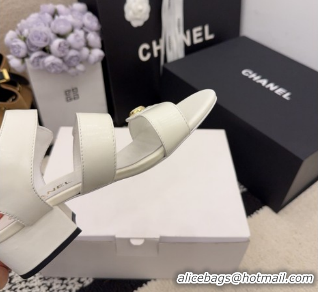 Top Grade Chanel Shiny Calfskin Leather Heel Sandals 4cm with Button Strap G46793 White 2026