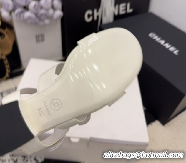 Top Grade Chanel Shiny Calfskin Leather Heel Sandals 4cm with Button Strap G46793 White 2026