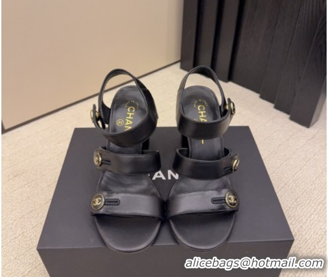 Grade Quality Chanel Shiny Calfskin Leather Heel Sandals 8cm with Button Strap G46793 Black 2026