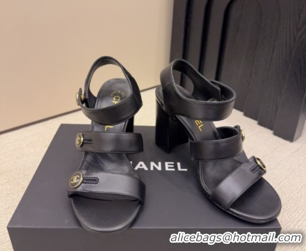Grade Quality Chanel Shiny Calfskin Leather Heel Sandals 8cm with Button Strap G46793 Black 2026