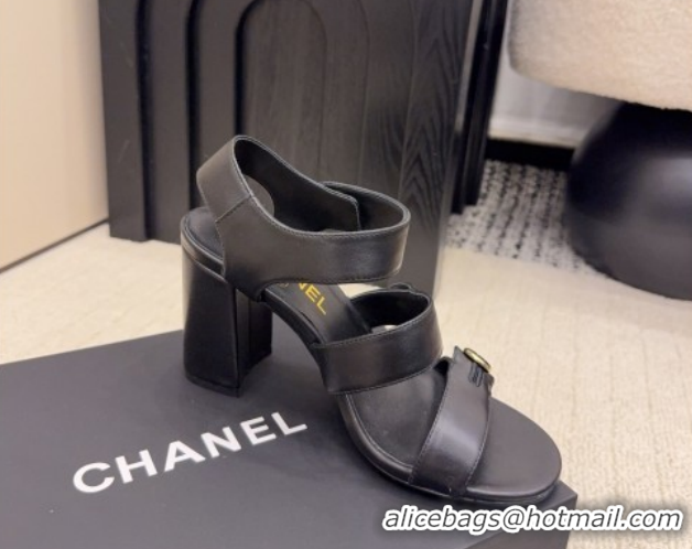 Grade Quality Chanel Shiny Calfskin Leather Heel Sandals 8cm with Button Strap G46793 Black 2026