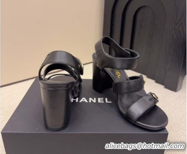 Grade Quality Chanel Shiny Calfskin Leather Heel Sandals 8cm with Button Strap G46793 Black 2026