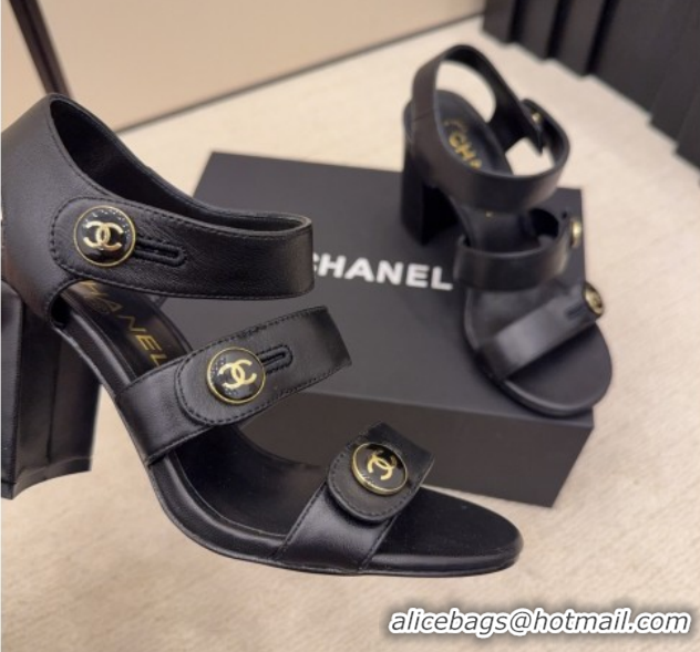 Grade Quality Chanel Shiny Calfskin Leather Heel Sandals 8cm with Button Strap G46793 Black 2026