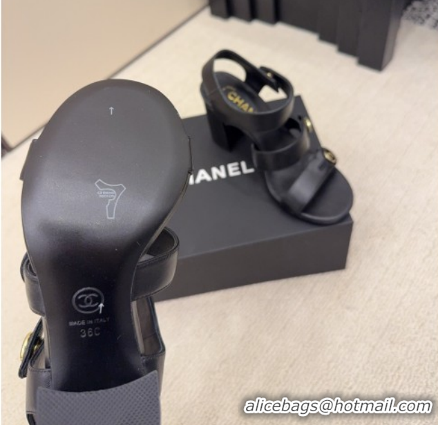 Grade Quality Chanel Shiny Calfskin Leather Heel Sandals 8cm with Button Strap G46793 Black 2026