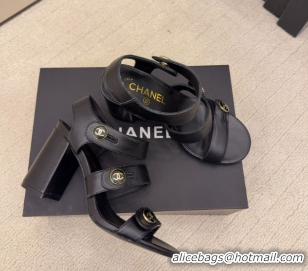 Grade Quality Chanel Shiny Calfskin Leather Heel Sandals 8cm with Button Strap G46793 Black 2026