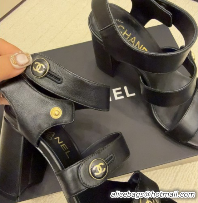 Grade Quality Chanel Shiny Calfskin Leather Heel Sandals 8cm with Button Strap G46793 Black 2026