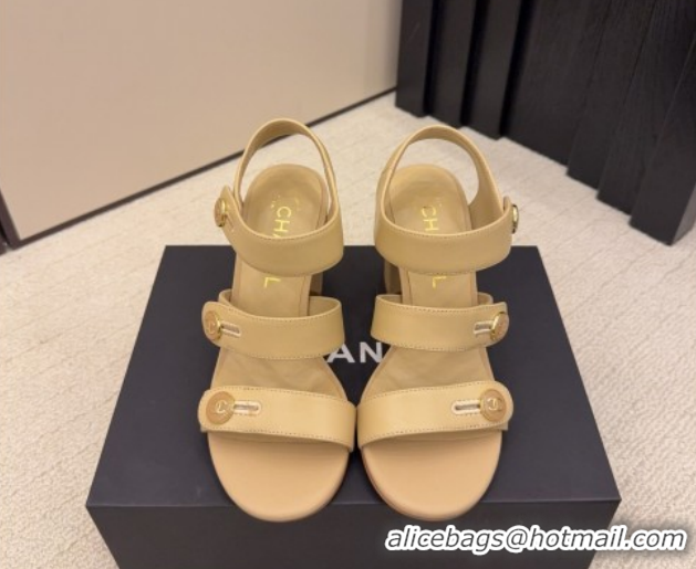 Popular Style Chanel Shiny Calfskin Leather Heel Sandals 8cm with Button Strap G46793 Beige 2026
