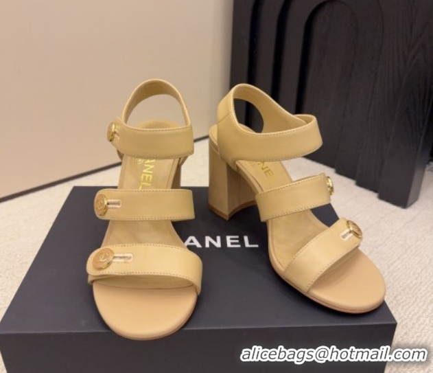 Popular Style Chanel Shiny Calfskin Leather Heel Sandals 8cm with Button Strap G46793 Beige 2026