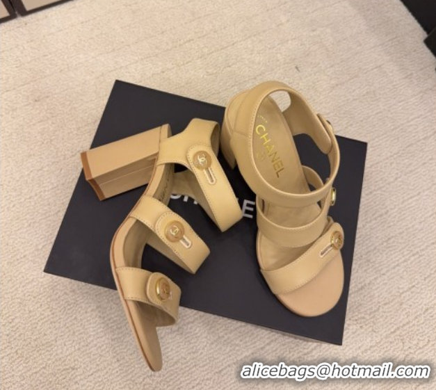 Popular Style Chanel Shiny Calfskin Leather Heel Sandals 8cm with Button Strap G46793 Beige 2026