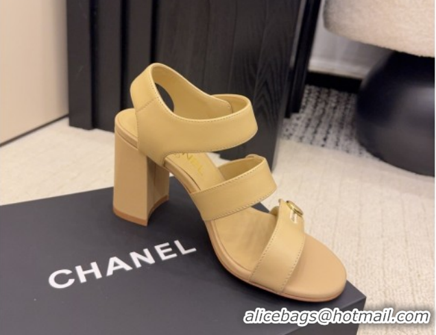 Popular Style Chanel Shiny Calfskin Leather Heel Sandals 8cm with Button Strap G46793 Beige 2026