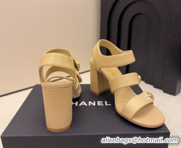 Popular Style Chanel Shiny Calfskin Leather Heel Sandals 8cm with Button Strap G46793 Beige 2026