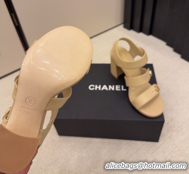 Popular Style Chanel Shiny Calfskin Leather Heel Sandals 8cm with Button Strap G46793 Beige 2026