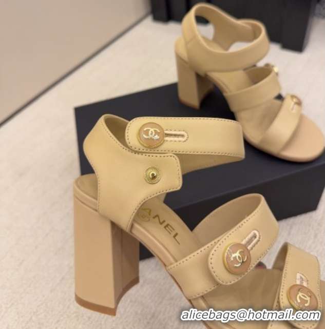 Popular Style Chanel Shiny Calfskin Leather Heel Sandals 8cm with Button Strap G46793 Beige 2026