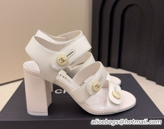 Luxurious Chanel Shiny Calfskin Leather Heel Sandals 8cm with Button Strap 5G46793 White 2026