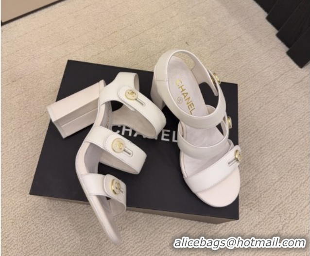 Luxurious Chanel Shiny Calfskin Leather Heel Sandals 8cm with Button Strap 5G46793 White 2026