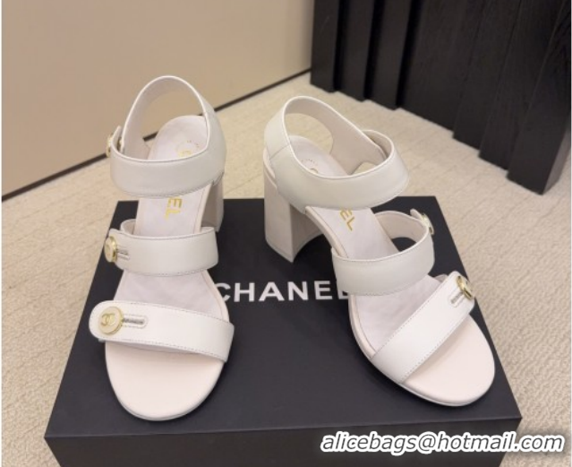 Luxurious Chanel Shiny Calfskin Leather Heel Sandals 8cm with Button Strap 5G46793 White 2026