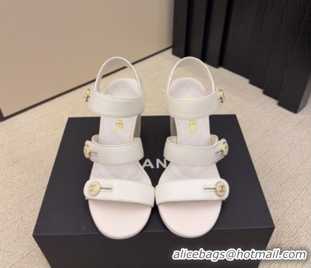 Luxurious Chanel Shiny Calfskin Leather Heel Sandals 8cm with Button Strap 5G46793 White 2026