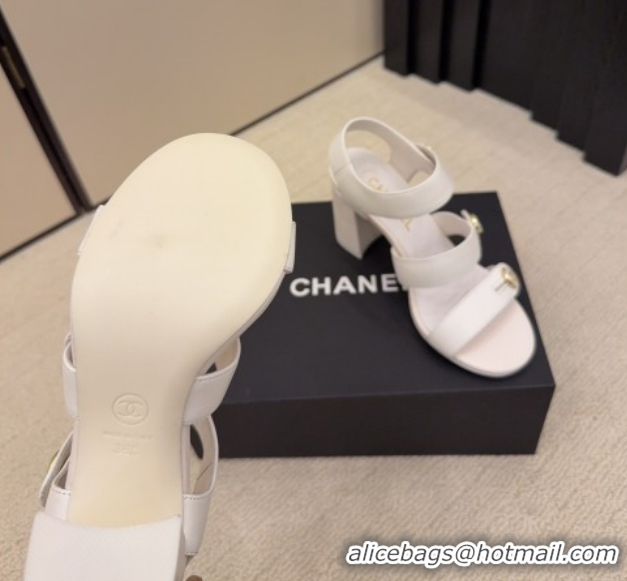 Luxurious Chanel Shiny Calfskin Leather Heel Sandals 8cm with Button Strap 5G46793 White 2026