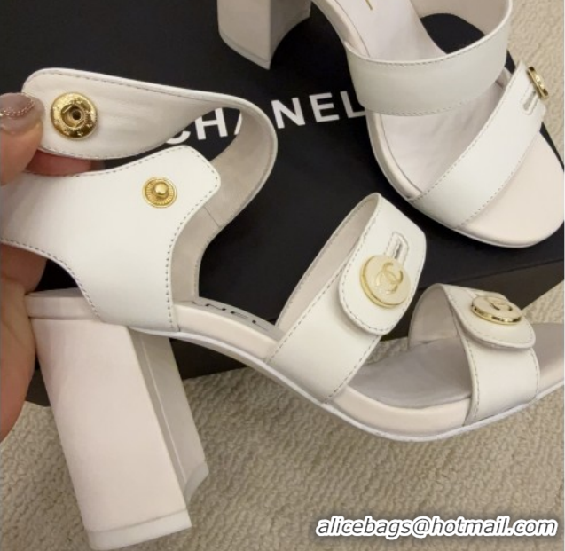 Luxurious Chanel Shiny Calfskin Leather Heel Sandals 8cm with Button Strap 5G46793 White 2026