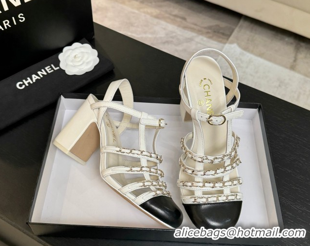 Good Looking Chanel Calfskin Leather & Chain Heel Sandals 8cm G46956 White 2026