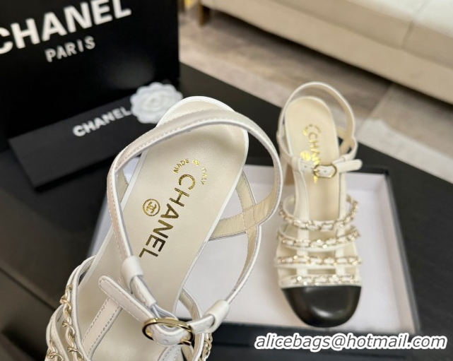 Good Looking Chanel Calfskin Leather & Chain Heel Sandals 8cm G46956 White 2026