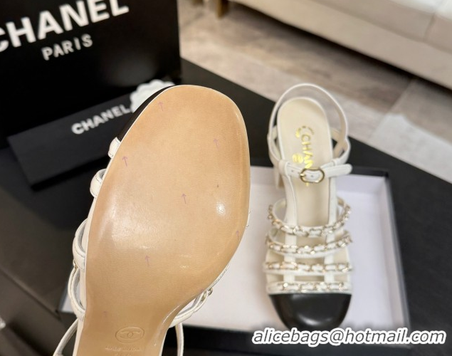 Good Looking Chanel Calfskin Leather & Chain Heel Sandals 8cm G46956 White 2026