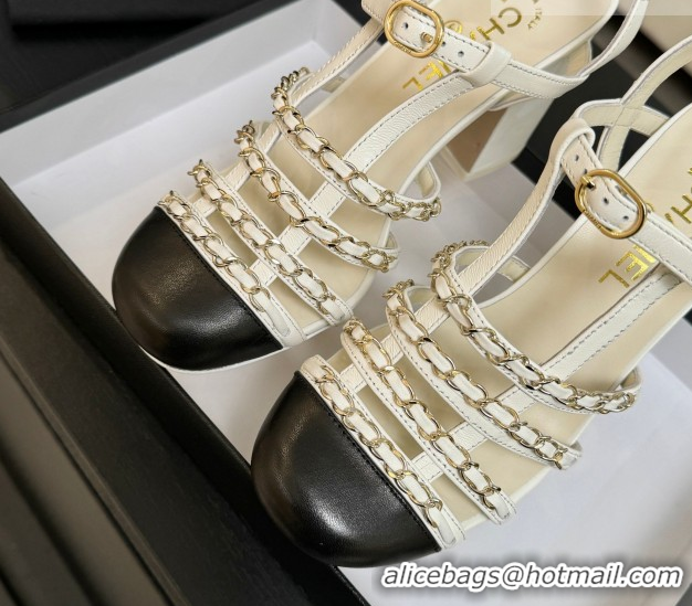 Good Looking Chanel Calfskin Leather & Chain Heel Sandals 8cm G46956 White 2026