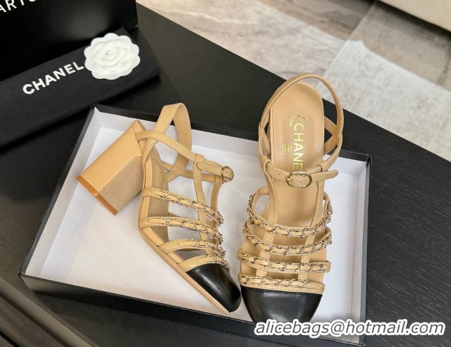 Good Quality Chanel Calfskin Leather & Chain Heel Sandals 8cm G46956 Beige 2026