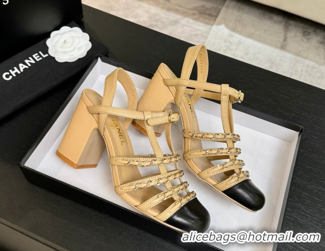 Good Quality Chanel Calfskin Leather & Chain Heel Sandals 8cm G46956 Beige 2026