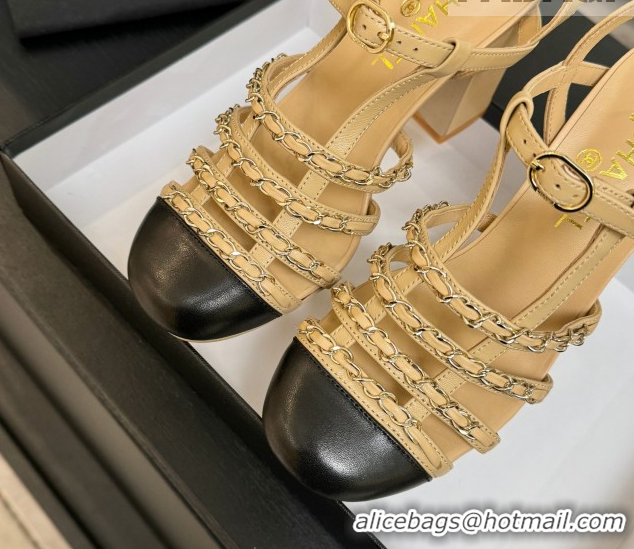 Good Quality Chanel Calfskin Leather & Chain Heel Sandals 8cm G46956 Beige 2026