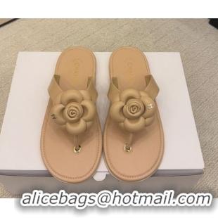 Sophisticated Chanel Calfskin Leather Flat Thongs Slide Sandal with Camellia Bloom G46988 Beige 2026
