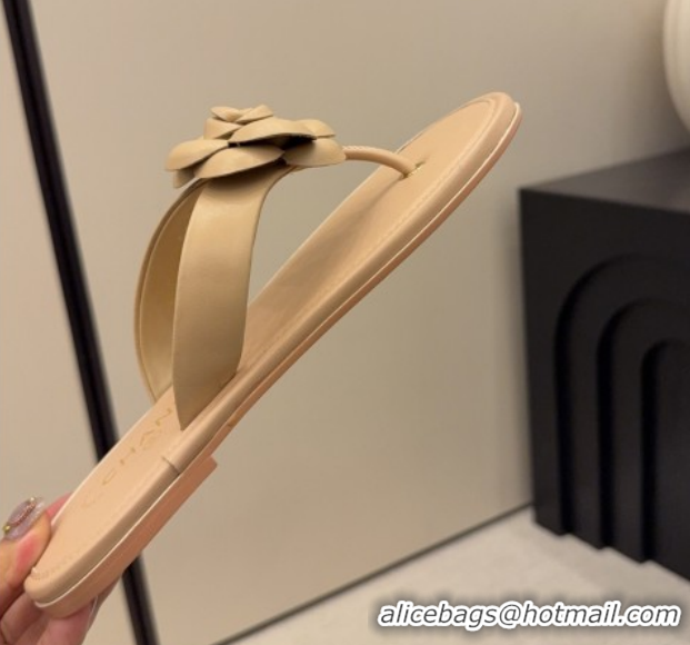 Sophisticated Chanel Calfskin Leather Flat Thongs Slide Sandal with Camellia Bloom G46988 Beige 2026