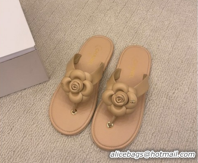 Sophisticated Chanel Calfskin Leather Flat Thongs Slide Sandal with Camellia Bloom G46988 Beige 2026
