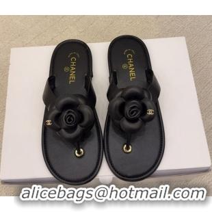 Top Design Chanel Calfskin Leather Flat Thongs Slide Sandal with Camellia Bloom G46988 Black 2026