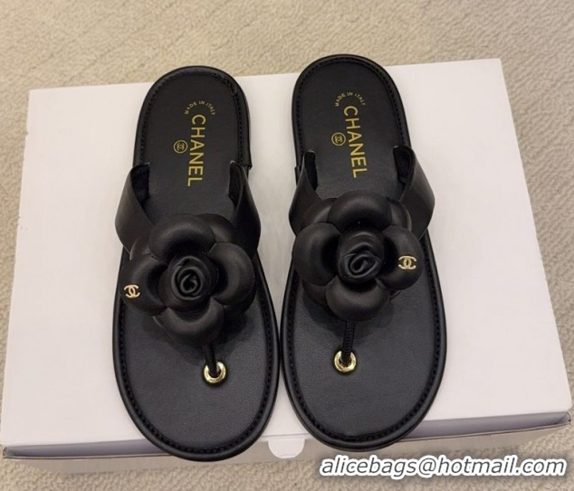 Top Design Chanel Calfskin Leather Flat Thongs Slide Sandal with Camellia Bloom G46988 Black 2026