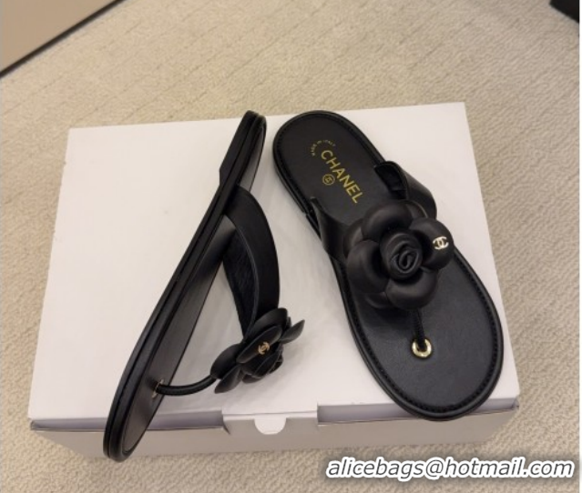 Top Design Chanel Calfskin Leather Flat Thongs Slide Sandal with Camellia Bloom G46988 Black 2026