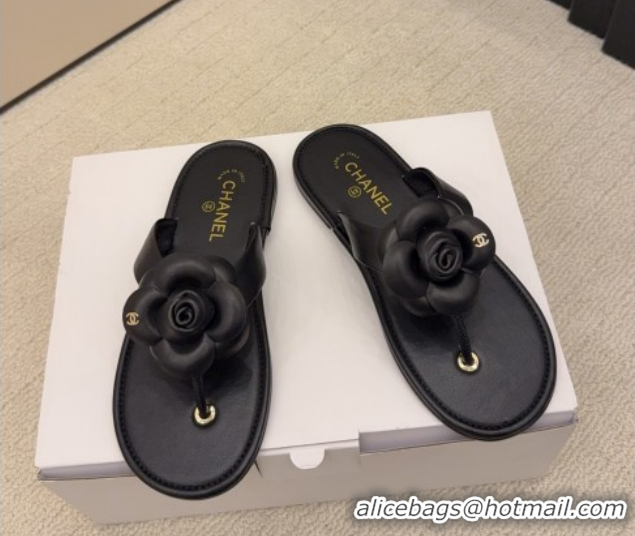 Top Design Chanel Calfskin Leather Flat Thongs Slide Sandal with Camellia Bloom G46988 Black 2026
