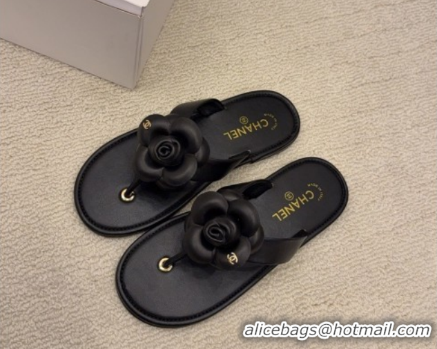 Top Design Chanel Calfskin Leather Flat Thongs Slide Sandal with Camellia Bloom G46988 Black 2026