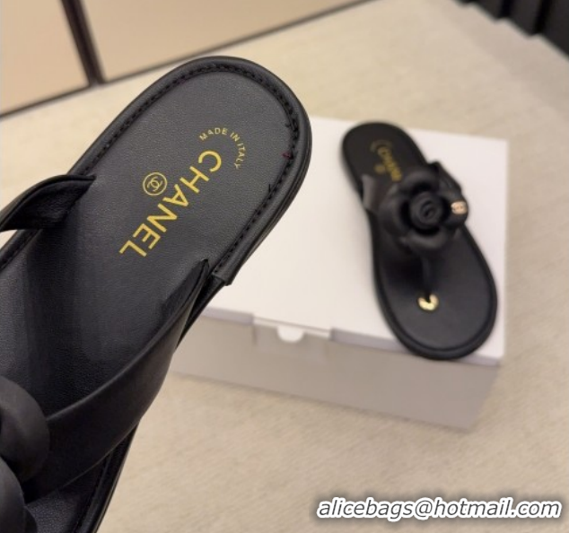 Top Design Chanel Calfskin Leather Flat Thongs Slide Sandal with Camellia Bloom G46988 Black 2026