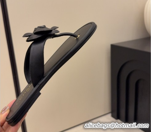 Top Design Chanel Calfskin Leather Flat Thongs Slide Sandal with Camellia Bloom G46988 Black 2026