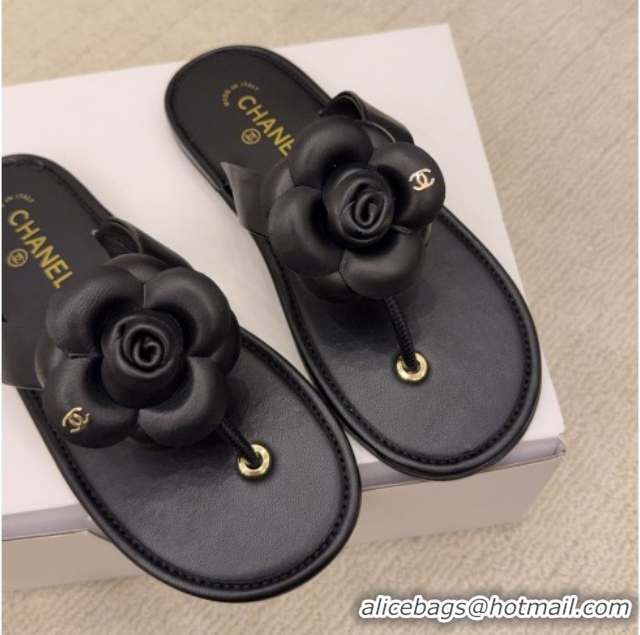 Top Design Chanel Calfskin Leather Flat Thongs Slide Sandal with Camellia Bloom G46988 Black 2026
