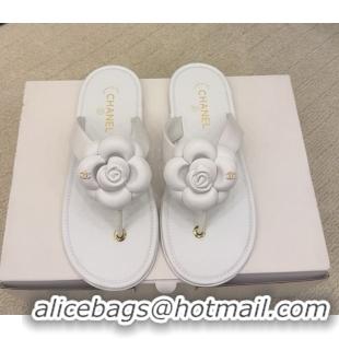 Cheap Price Chanel Calfskin Leather Flat Thongs Slide Sandal with Camellia Bloom G46988 White 2026