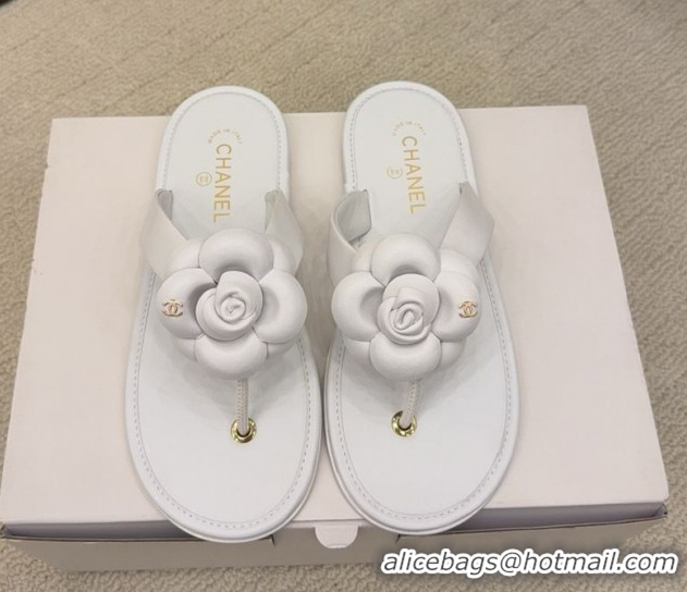 Cheap Price Chanel Calfskin Leather Flat Thongs Slide Sandal with Camellia Bloom G46988 White 2026