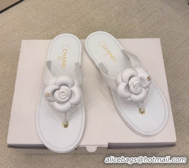 Cheap Price Chanel Calfskin Leather Flat Thongs Slide Sandal with Camellia Bloom G46988 White 2026