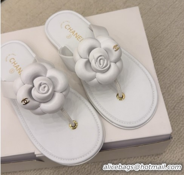 Cheap Price Chanel Calfskin Leather Flat Thongs Slide Sandal with Camellia Bloom G46988 White 2026
