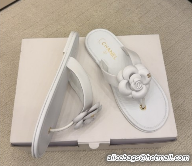 Cheap Price Chanel Calfskin Leather Flat Thongs Slide Sandal with Camellia Bloom G46988 White 2026
