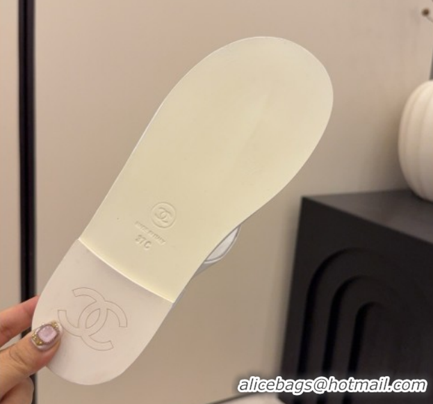 Cheap Price Chanel Calfskin Leather Flat Thongs Slide Sandal with Camellia Bloom G46988 White 2026