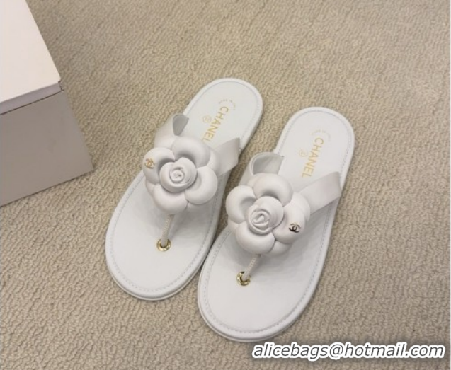 Cheap Price Chanel Calfskin Leather Flat Thongs Slide Sandal with Camellia Bloom G46988 White 2026